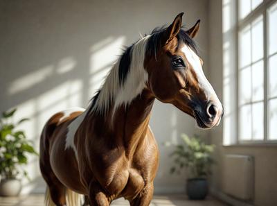 The primary subject of the image is a brown and white horse standing in a room. The horse is positioned in the center of the scene, and its body is facing the viewer. The setting appears to be a room with a window, and the visual style is a photo. The colors in the image are predominantly brown and white, giving the scene a warm and natural atmosphere.
