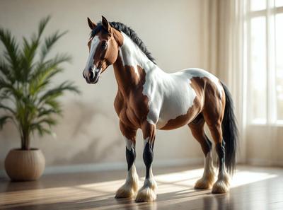 The primary subject of the image is a brown and white horse standing on a wooden floor. The horse is positioned in the center of the scene, and it appears to be the main focus of the image. The setting is indoors, with a wall visible in the background. The visual style of the image is a photo, capturing the horse in its natural environment. The colors in the image are predominantly brown and white, giving the scene a warm and natural atmosphere.
