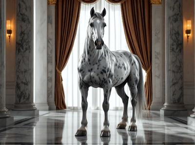 The primary subject of the image is a white horse standing in a room. The horse is positioned in the center of the scene, and it appears to be the main focus of the image. The setting is a room with a curtain in the background, which adds to the overall atmosphere of the scene. The visual style of the image is a combination of photo and digital art, creating a realistic yet artistic representation of the horse. The colors in the image are predominantly white, which gives the scene a clean and elegant appearance.