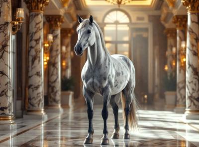 Primary subject: A white horse with a spotted pattern.

Setting/background: A large, ornate room with a marble floor.

Visual style: Digital art.

Colors and mood: The horse is white with a spotted pattern, and the room has a marble floor, giving it a luxurious and elegant atmosphere.