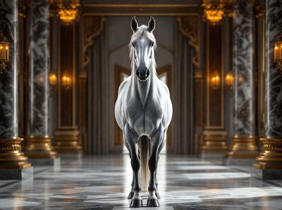 Primary subject: A white horse standing in a hallway.

Setting/background: The horse is standing in a hallway, which appears to be a part of a palace or a grand building.

Visual style: The image is a digital art or illustration, featuring a detailed and realistic representation of the horse.

Colors and mood: The image is predominantly white, with the horse being the main focus. The overall atmosphere is elegant and majestic, reflecting the grandeur of the palace or building