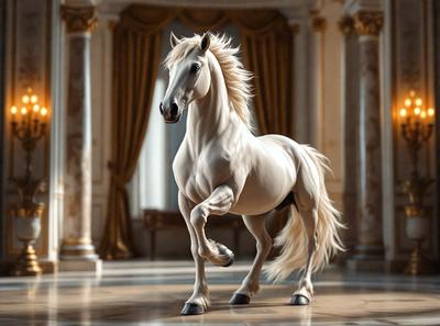 The primary subject of the image is a white horse standing in a room with a marble floor. The horse appears to be walking or trotting, and it is the main focus of the scene. The setting is a room with a marble floor, which adds to the elegance and sophistication of the scene. The visual style of the image is a combination of photo and digital art, creating a realistic yet artistic representation of the horse. The colors in the image are predominantly white, which adds to the overall