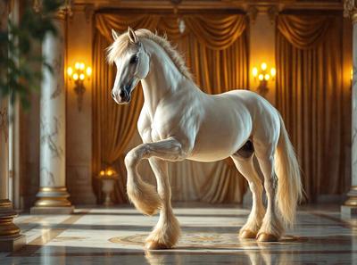 The primary subject of the image is a white horse with a blonde mane, standing in a room with a gold and white color scheme. The horse appears to be walking on a marble floor, which adds to the luxurious and elegant atmosphere of the scene. The visual style of the image is a combination of photo and digital art, creating a realistic yet artistic representation of the horse. The colors and mood of the image are predominantly gold and white, giving it a sophisticated and refined appearance.