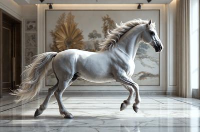The primary subject of the image is a white horse with a flowing mane, standing in a room with a white marble floor. The setting appears to be a museum or a similar indoor space, as there is a painting in the background. The visual style of the image is a combination of photo and digital art, creating a realistic yet artistic representation of the horse. The colors and mood of the image are predominantly white, giving it a clean and elegant appearance.