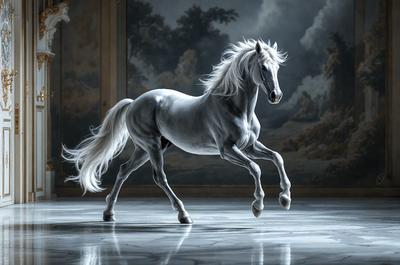 Primary subject: A white horse with a flowing mane.

Setting/background: The horse is standing in front of a large painting, which serves as the backdrop for the scene.

Visual style: The image is a photo of the horse in motion.

Colors and mood: The horse is predominantly white, and the painting in the background adds a sense of elegance and sophistication to the scene.