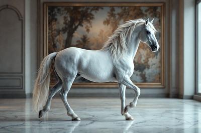 The primary subject of the image is a white horse standing in a room. The horse is positioned in the center of the room, and it appears to be walking or trotting. The setting is a room with a painting in the background, which adds an artistic touch to the scene. The visual style of the image is a combination of photo and digital art, creating a realistic yet artistic representation of the horse. The colors and mood of the image are predominantly white, giving it a clean and serene atmosphere.