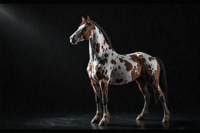 Primary subject: A brown and white spotted horse.

Setting/background: A dark room with a black background.

Visual style: A photo of the horse.

Colors and mood: The horse has brown and white spots, and the overall atmosphere is dark and moody.