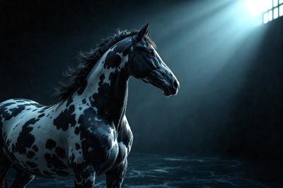 Primary subject: A black and white spotted horse.

Setting/background: A dark room with a bright light source.

Visual style: A digital art or illustration of a horse.

Colors and mood: The image is black and white, giving it a classic and timeless feel.