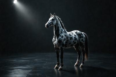 Primary subject: A spotted horse standing in a dark room.

Setting/background: The horse is standing on a black surface, which could be a floor or a wall.

Visual style: The image is a black and white photo.

Colors and mood: The dominant colors are black and white, creating a moody and dramatic atmosphere.