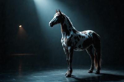 The primary subject of the image is a horse standing in a dark room. The horse is the main focus of the image, and it appears to be the only object in the scene. The setting is a dark room, and the visual style is a black and white photo. The colors and mood of the image are predominantly dark and moody, with the horse being the only source of light in the scene.
