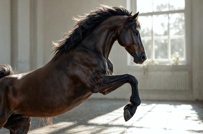 Primary subject: A brown horse with a black mane and tail, jumping in the air.

Setting/background: The horse is jumping in front of a window, which provides a natural backdrop for the scene.

Visual style: The image is a photo of the horse in action.

Colors and mood: The horse is brown, and the overall atmosphere is energetic and dynamic, as the horse is captured in mid-air during its jump.