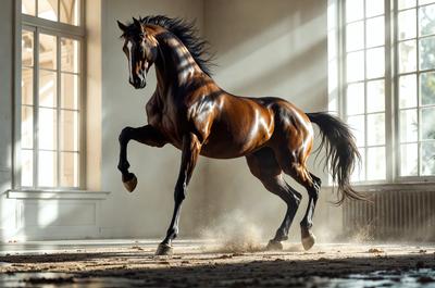 Primary subject: A brown horse running in a room.

Setting/background: The horse is running in a room with a white wall.

Visual style: The image is a photo of the horse in motion.

Colors and mood: The dominant colors are brown and white, with a sense of motion and energy.