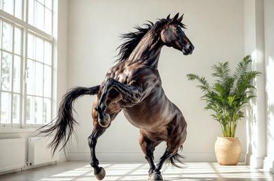 Primary subject: A horse with a flowing mane and tail, standing on a white floor.

Setting/background: The horse is standing in front of a white wall, and there is a potted plant in the background.

Visual style: The image is a photo of the horse in action.

Colors and mood: The horse is brown, and the overall atmosphere is dynamic and energetic.