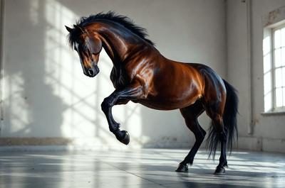 Primary subject: A brown horse with a black mane and tail, standing on a cement floor.

Setting/background: The horse is standing in a room with a cement floor, and there is a window in the background.

Visual style: The image is a photo of the horse.

Colors and mood: The horse has a brown coat, and the overall atmosphere is calm and focused on the horse's movement.