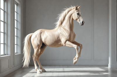 Primary subject: A horse with a flowing mane, standing in a white room.

Setting/background: The horse is standing in a white room, which appears to be a studio or a room with a white wall.

Visual style: The image is a painting, showcasing the horse in a detailed and artistic manner.

Colors and mood: The painting features a predominantly white color scheme, giving the image a clean and minimalist appearance. The horse's mane adds a touch of
