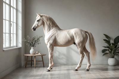 Primary subject: A white horse standing in a room.

Setting/background: The horse is standing in a room with a white wall and a window. There is a table with a vase and a potted plant nearby.

Visual style: The image is a photo of the horse in the room.

Colors and mood: The room has a white color scheme, giving it a clean and minimalistic appearance. The horse adds a sense of elegance and grace to the scene.