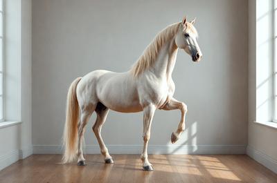 The primary subject of the image is a white horse standing on a wooden floor. The horse is the main focus of the image, and it appears to be walking or running. The setting is indoors, with a white wall serving as the background. The visual style of the image is a photo, capturing the horse in its natural environment. The colors in the image are predominantly white, giving the scene a clean and bright atmosphere.