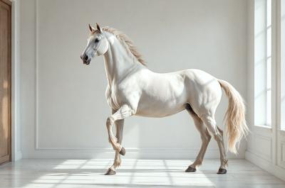 The primary subject of the image is a white horse standing on a white surface, which appears to be a white floor or a white wall. The horse is the main focus of the image, and it is positioned in the center of the scene. The setting or background is a plain white surface, which gives the image a clean and minimalistic appearance. The visual style of the image is a photo, capturing the horse in its natural environment. The colors and mood of the image are predominantly white, creating a sense of simplicity and