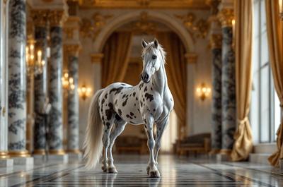 The primary subject of the image is a white and brown spotted horse standing in a large, ornate room. The setting appears to be a palace or a grand building, as indicated by the presence of chandeliers and the overall grandeur of the space. The visual style of the image is a combination of photo and digital art, creating a realistic yet artistic representation of the horse in its surroundings. The colors and mood of the image are elegant and sophisticated, with the white and brown spots on