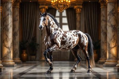 Primary subject: A brown and white spotted horse.

Setting/background: A large, ornate room with a chandelier and a window.

Visual style: A photo of the horse in the room.

Colors and mood: The horse has a brown and white spotted pattern, and the room has a warm and elegant atmosphere.