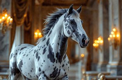 The primary subject of the image is a spotted horse standing in a room with a white and gold color scheme. The setting includes a chair and a couch in the background, creating a cozy and elegant atmosphere. The visual style of the image is a photo, capturing the horse's beauty and grace. The colors and mood of the image are predominantly white and gold, giving it a sophisticated and elegant appearance.