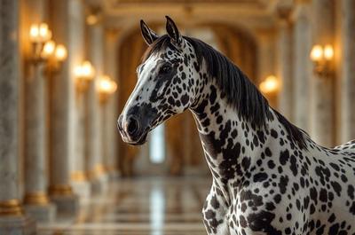 Primary subject: A spotted horse standing in a hallway.

Setting/background: The horse is standing in a hallway, which appears to be a part of a building.

Visual style: The image is a photo of the horse.

Colors and mood: The horse has a black and white spotted pattern, and the overall atmosphere of the image is calm and serene.
