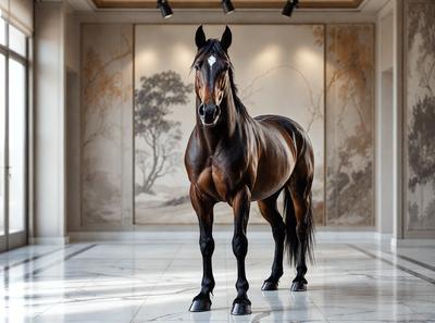 The primary subject of the image is a brown horse standing in a room. The horse is positioned in the center of the room, and it appears to be the main focus of the image. The setting is indoors, with a wall behind the horse featuring a painting. The visual style of the image is a photo, capturing the horse in its natural environment. The colors in the image are predominantly brown and black, creating a calm and serene atmosphere.