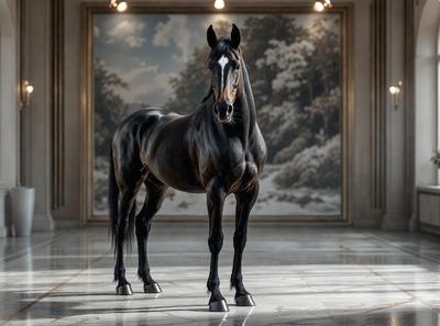 Primary subject: A black horse standing in a room.

Setting/background: The horse is standing in front of a painting, which is hanging on the wall. The room appears to be a gallery or a museum.

Visual style: The image is a photo of the horse in the room.

Colors and mood: The room has a neutral color palette, with the black horse being the main focal point. The overall atmosphere is calm and serene.