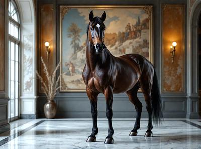 The primary subject of the image is a brown horse standing in a room. The horse is positioned in the center of the room, and it appears to be the main focus of the image. The setting is indoors, with a painting on the wall behind the horse. The visual style of the image is a photo, capturing the horse in its natural environment. The colors in the image are predominantly brown, giving the scene a warm and natural atmosphere.