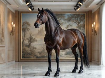 The primary subject of the image is a horse standing in a room. The horse is positioned in the center of the room, and it appears to be the main focus of the image. The setting is indoors, with a backdrop of a painting on the wall. The visual style of the image is a photo, capturing the horse in its natural environment. The colors in the image are predominantly black and brown, giving the scene a somewhat dark and moody atmosphere.