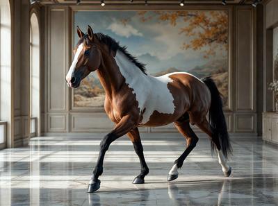 Primary subject: A brown and white horse with a black mane.

Setting/background: The horse is standing in front of a painting or a large picture of a mountain.

Visual style: The image is a digital art or illustration of the horse.

Colors and mood: The horse has a brown and white color pattern, and the overall atmosphere is calm and serene.