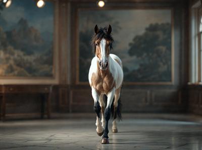 Primary subject: A brown and white horse with a black mane.

Setting/background: The horse is walking on a stone floor, possibly in a room with a painting on the wall.

Visual style: The image is a photo of the horse.

Colors and mood: The horse has a brown and white coat, and the overall atmosphere is calm and focused on the horse's movement.