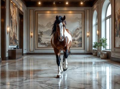 The primary subject of the image is a brown and white horse walking on a marble floor. The horse is the center of attention, and its presence creates a sense of elegance and grace. The setting is a large, well-lit room with a marble floor, which adds to the luxurious atmosphere. The visual style of the image is a combination of photo and digital art, creating a realistic yet artistic representation of the horse. The colors and mood of the image are predominantly neutral, with the marble floor