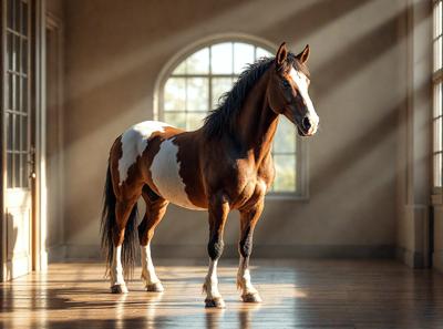 The primary subject of the image is a brown and white horse standing in a room. The horse is positioned in the center of the room, and it appears to be looking at the camera. The setting is indoors, with a window visible in the background. The visual style of the image is a photo, capturing the horse in its natural environment. The colors in the image are predominantly brown and white, giving the scene a warm and natural atmosphere.