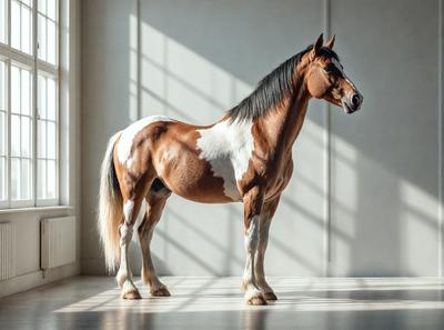 The primary subject of the image is a brown and white horse standing in a room. The horse is positioned in the center of the scene, and its body is facing the viewer. The setting appears to be a room with a white wall, and the visual style is a photo. The horse's colors and mood create a sense of warmth and elegance.