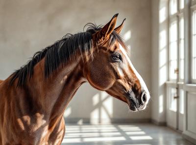 The primary subject of the image is a brown horse with a white stripe on its face. The horse is standing in a room with a window, and it appears to be looking at the camera. The setting is indoors, and the visual style is a photo. The colors in the image are predominantly brown and white, creating a calm and natural atmosphere.