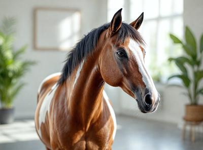 The primary subject of the image is a brown and white horse standing in a room. The horse is positioned in the center of the scene, and its head is turned to the side. The setting appears to be a room with a window, and the visual style is a photo. The colors in the image are predominantly brown and white, giving the scene a warm and natural atmosphere.