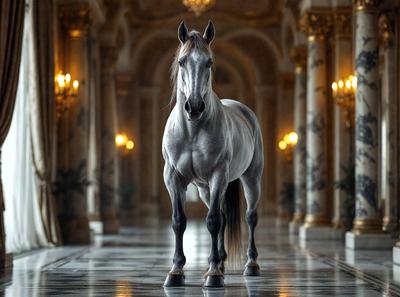 Primary subject: A horse standing in a hallway.

Setting/background: The horse is standing in a hallway with a marble floor. The hallway is part of a large building, possibly a palace.

Visual style: The image is a black and white photo.

Colors and mood: The black and white photo gives the image a classic and timeless feel. The horse's presence in the hallway adds a sense of elegance and grace to the scene.