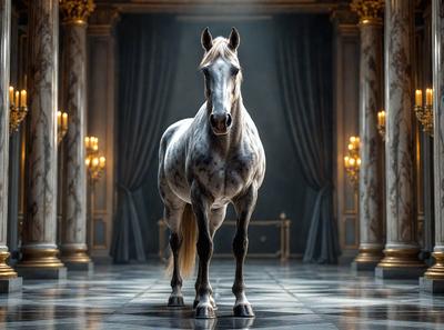 Primary subject: A white horse with a brown mane standing in a room.

Setting/background: The horse is standing in a room with a marble floor, and there are curtains in the background.

Visual style: The image is a digital art or illustration of a horse.

Colors and mood: The image has a black and white color scheme, giving it a classic and elegant appearance.