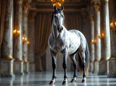 The primary subject of the image is a horse standing in a large, ornate room. The setting includes a marble floor and a backdrop of a palace. The visual style of the image is a photo, capturing the horse in its natural environment. The colors and mood of the image are elegant and majestic, with the horse being the focal point of the scene.