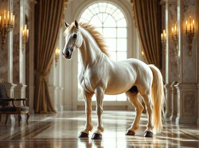 The primary subject of the image is a white horse standing in a large, ornate room. The setting includes a grand hallway with a large window, and the horse is positioned in front of the window. The visual style of the image is a photo, and the colors and mood are elegant and sophisticated.