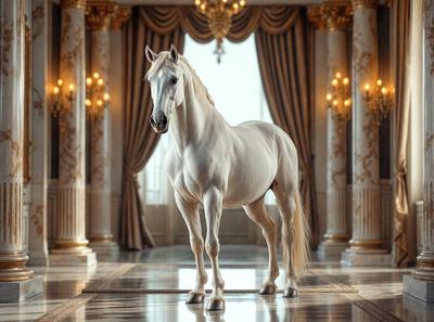 The primary subject of the image is a white horse standing in a large, ornate room. The setting includes a marble floor and a grand chandelier hanging from the ceiling. The visual style of the image is a photo, capturing the horse in its elegant surroundings. The colors and mood of the scene are predominantly white, giving it a clean and sophisticated appearance.