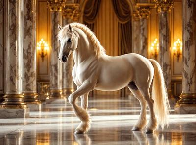 The primary subject of the image is a white horse standing in a large, ornate room. The setting appears to be a palace or a grand hall, with a marble floor and elegant decorations. The visual style of the image is a photo, capturing the horse in its natural environment. The colors in the image are predominantly white, giving the scene a clean and elegant atmosphere.