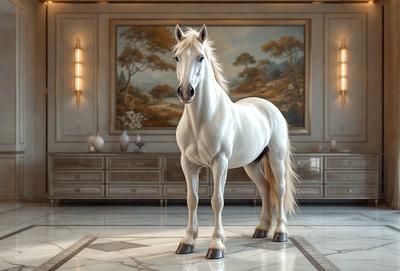 The primary subject of the image is a white horse standing in a room. The setting is a room with a large painting on the wall behind the horse. The visual style appears to be a photo, capturing the horse in its natural environment. The colors and mood of the image are predominantly white, giving it a clean and serene atmosphere.