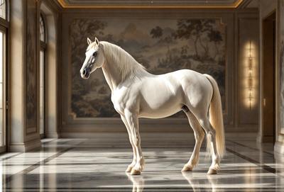 The primary subject of the image is a white horse standing in a room. The setting is a room with a white wall, and the visual style appears to be a photo. The horse is the main focus of the image, and its white color and overall appearance create a calm and serene atmosphere.