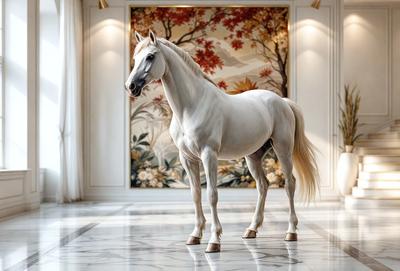 The primary subject of the image is a white horse standing in a room. The horse is positioned in the center of the room, and it appears to be the main focus of the image. The setting is a room with a painting in the background, which adds to the overall atmosphere of the scene. The visual style of the image is a combination of photo and digital art, creating a realistic yet artistic representation of the horse. The colors in the image are predominantly white, which gives the scene a clean and elegant appearance.