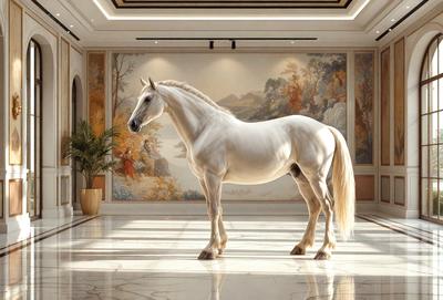 Primary subject: A white horse standing in a large room.

Setting/background: The horse is standing in a room with a large painting on the wall behind it. The room appears to be a museum or a large hall.

Visual style: The image is a digital art or illustration of the horse.

Colors and mood: The room has a warm and inviting atmosphere, with the white horse being the main focal point.
