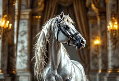 The primary subject of the image is a white horse with a black bridle. The horse is standing in a room with a gold and white color scheme. The setting appears to be a palace or a fancy room, as indicated by the elegant decorations and the overall atmosphere. The visual style of the image is a photo, capturing the horse in its natural environment. The colors and mood of the image are predominantly white and gold, creating a sense of elegance and sophistication.