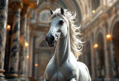 The primary subject of the image is a white horse with a flowing mane. The horse is standing in a room with a stone wall, and its mane is blowing in the wind. The setting appears to be a historical or architectural environment, possibly a museum or a building with a rich history. The visual style of the image is a combination of photo and digital art, creating a realistic yet artistic representation of the horse. The colors and mood of the image are predominantly white and gray, giving it a calm