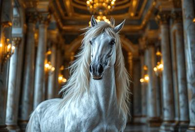 The primary subject of the image is a white horse with long blonde hair. The horse is standing in a large, ornate room with a chandelier hanging from the ceiling. The setting appears to be a palace or a grand building, as indicated by the grandeur of the room. The visual style of the image is a photo, capturing the horse in its natural environment. The colors and mood of the image are elegant and sophisticated, with the white horse and the ornate room creating a sense of